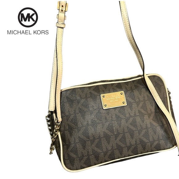 Michael Kors Brown Logo Saffiano Leather‎ Gold Chain Jet Set Crossbody Bag - Picture 2 of 5